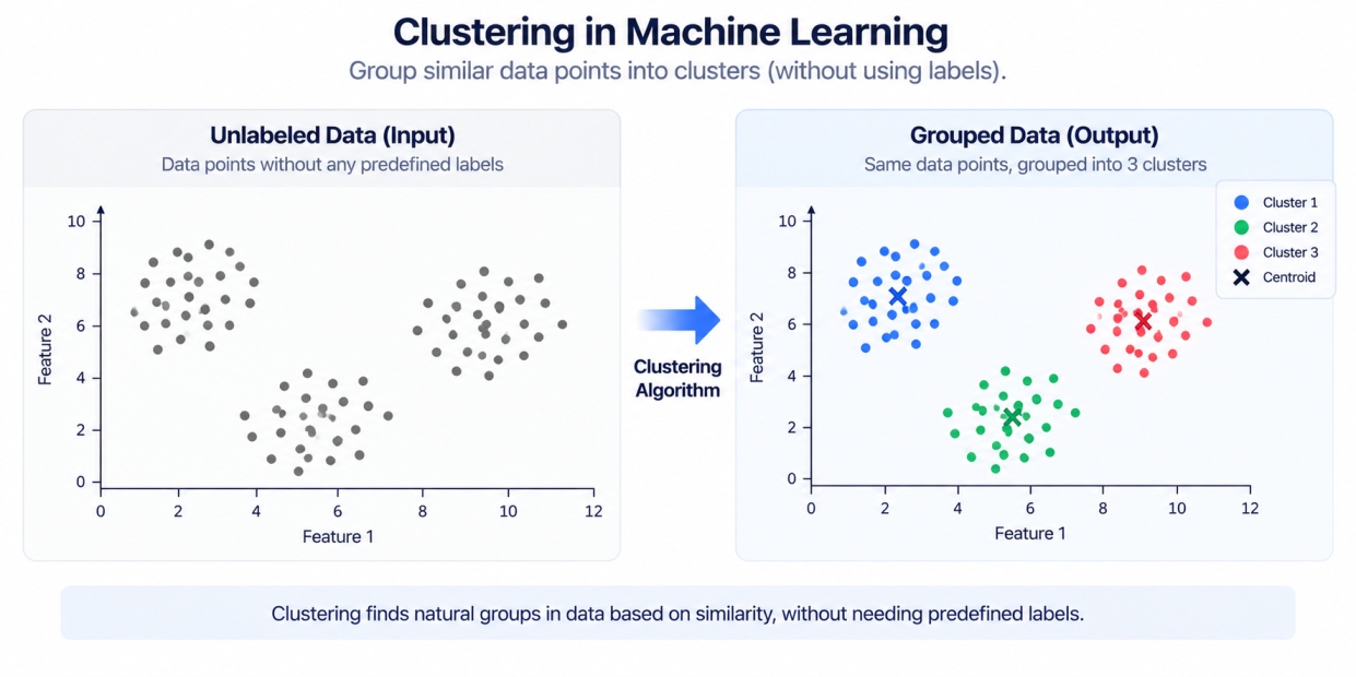 Clustering in machine learning diagram showing a scatter of unlabeled points on the left transforming into the same points colored into three distinct groups on the right, connected by an arrow, would make the core idea of "unlabeled data in, grouped data