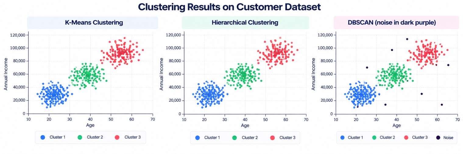 Chart comparing customer clustering results from K-Means, hierarchical clustering, and DBSCAN using age and annual income, with three customer groups shown in blue, green, and red and DBSCAN also identifying noise points in dark purple.