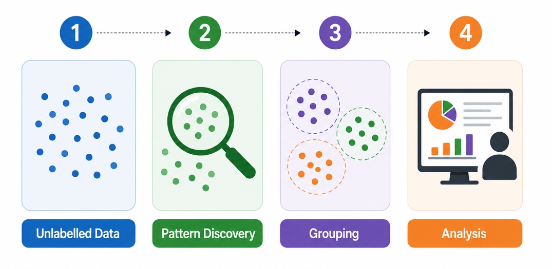 Four steps of unsupervised learning: unlabelled data, pattern discovery, grouping, and analysis.