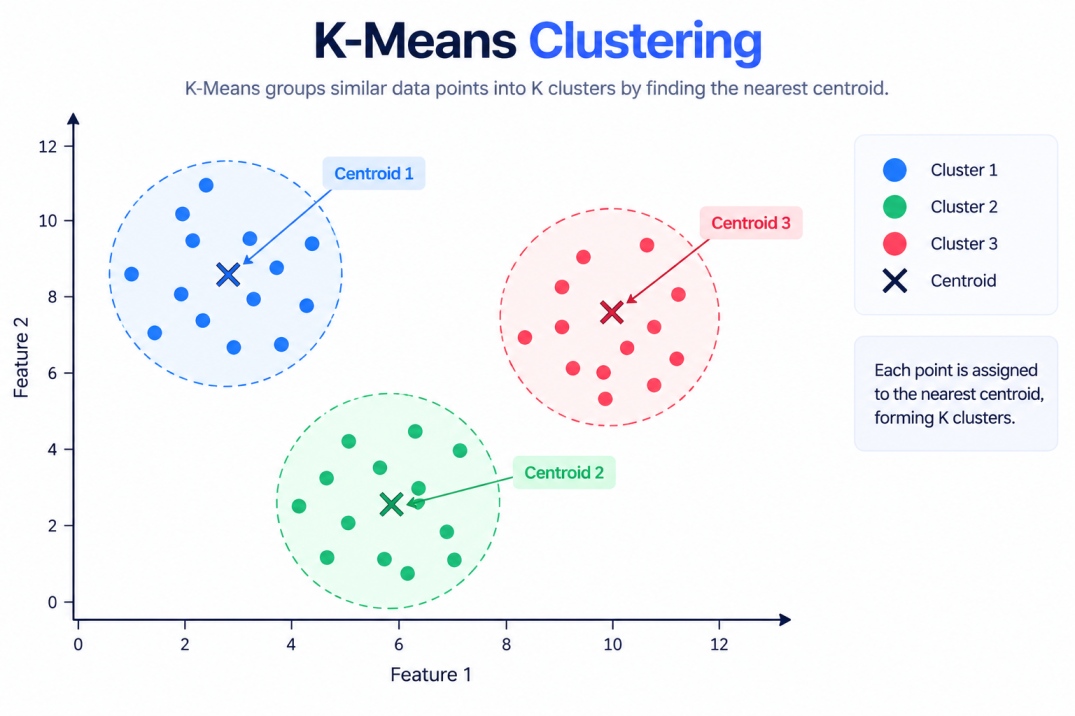 k means clustering diagram showing scattered points in three different colors, each color surrounded by a circle around its centroid, with the centroids marked clearly with an X or star symbol