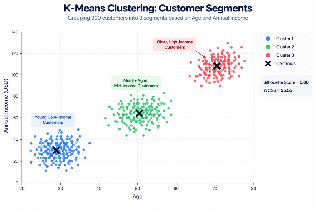 K-means scatter plot showing three customer segments: young low-income, middle-aged mid-income, and older high-income customers, with centroids marked.