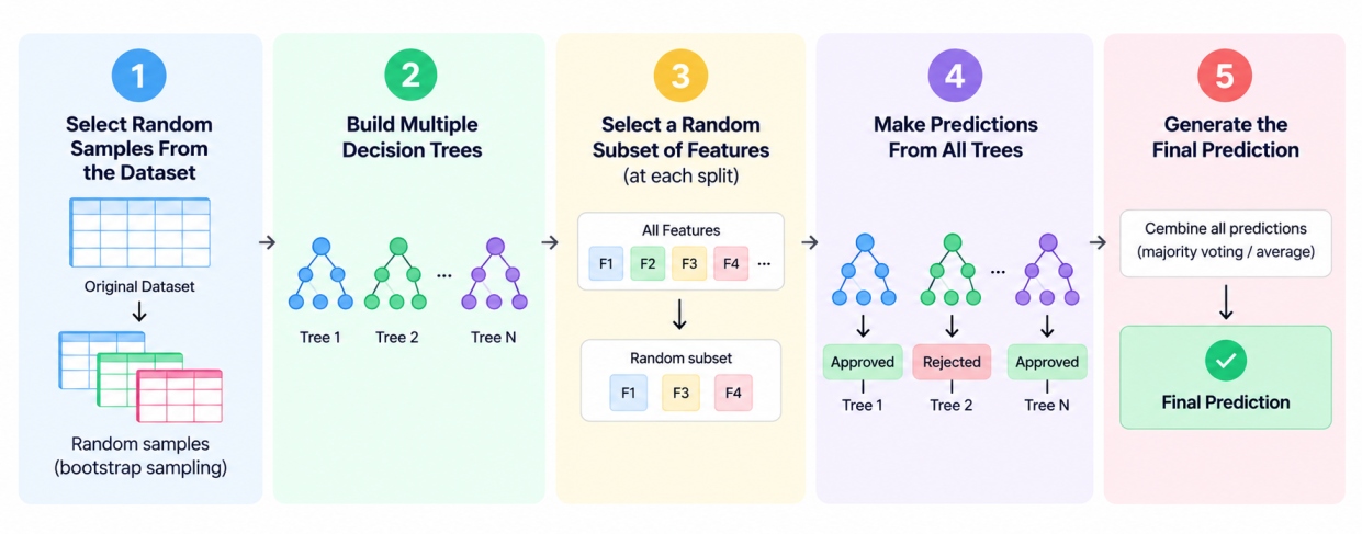 Infographic illustrating the five-step random forest process: (1) select random bootstrap samples from the original dataset, (2) build multiple decision trees, (3) randomly select a subset of features at each split, (4) generate predictions from all trees