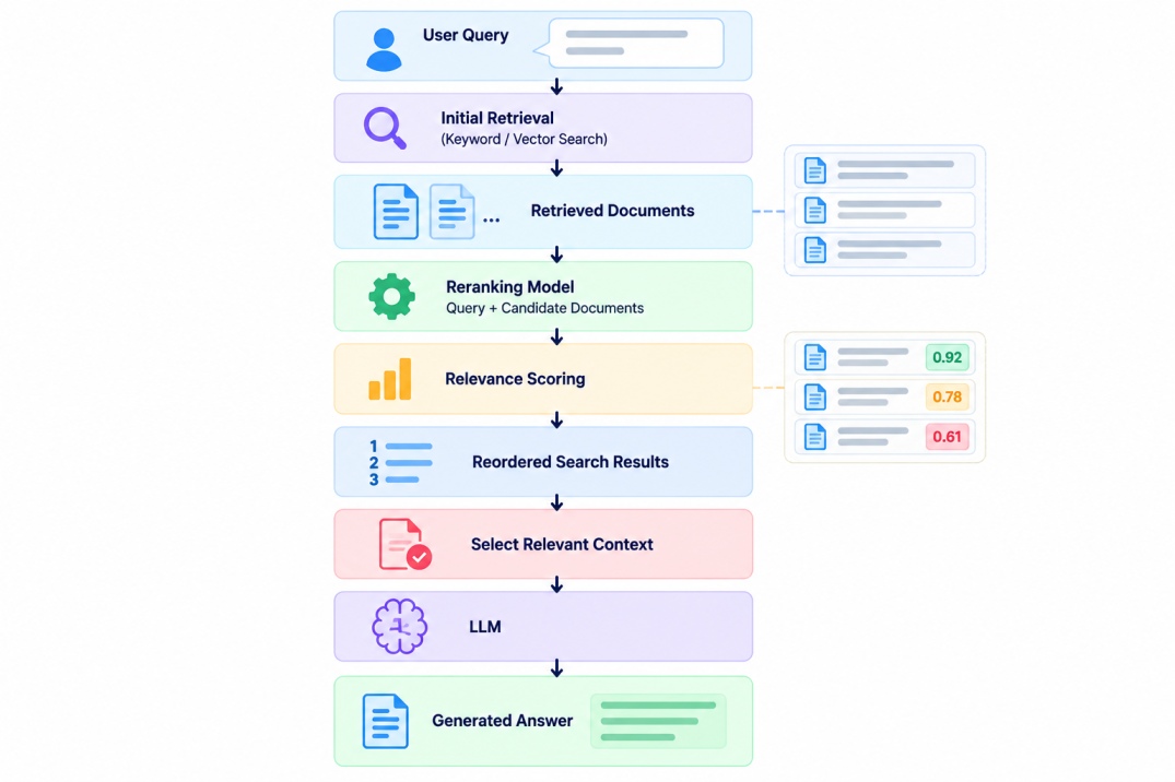 RAG pipeline showing initial retrieval, document reranking, relevance scoring, result reordering, context selection, and LLM-generated answers.