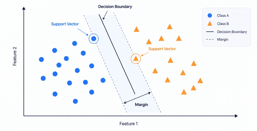 Infographic explaining a Support Vector Machine (SVM), showing blue circles for Class A and orange triangles for Class B separated by a diagonal decision boundary. Dashed lines on either side indicate the margin, with highlighted support vectors closest t