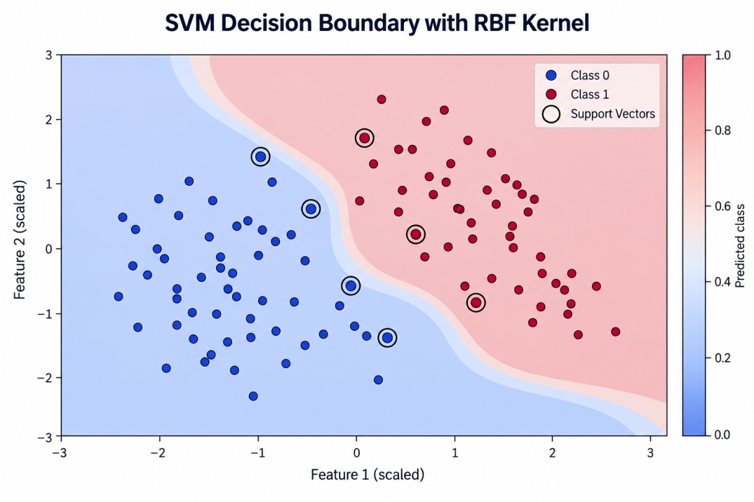SVM plot showing blue and red classes, a curved RBF decision boundary, predicted-class shading, and circled support vectors.