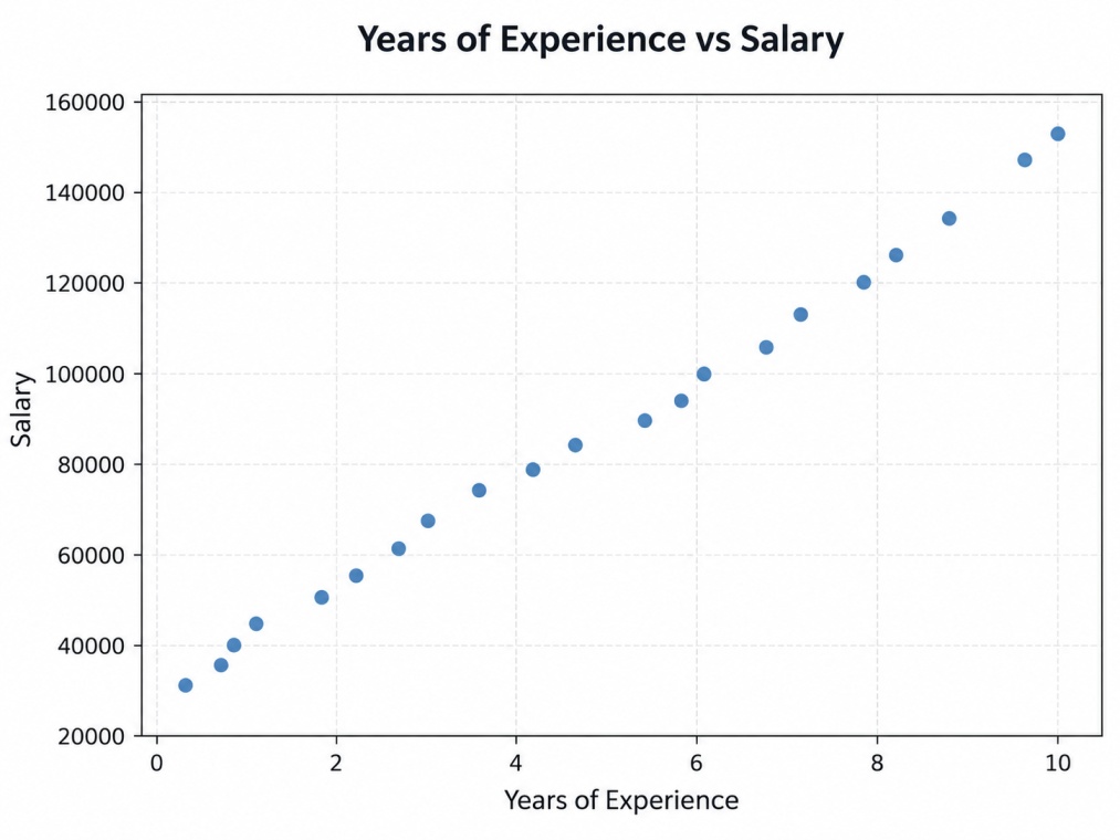 Scatter plot showing a strong positive relationship between years of experience and salary.